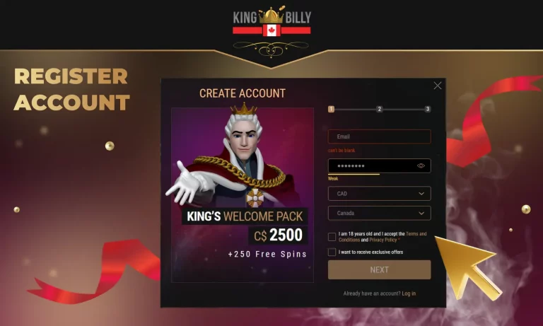 Screenshot of King Billy casino registration form showing data fields