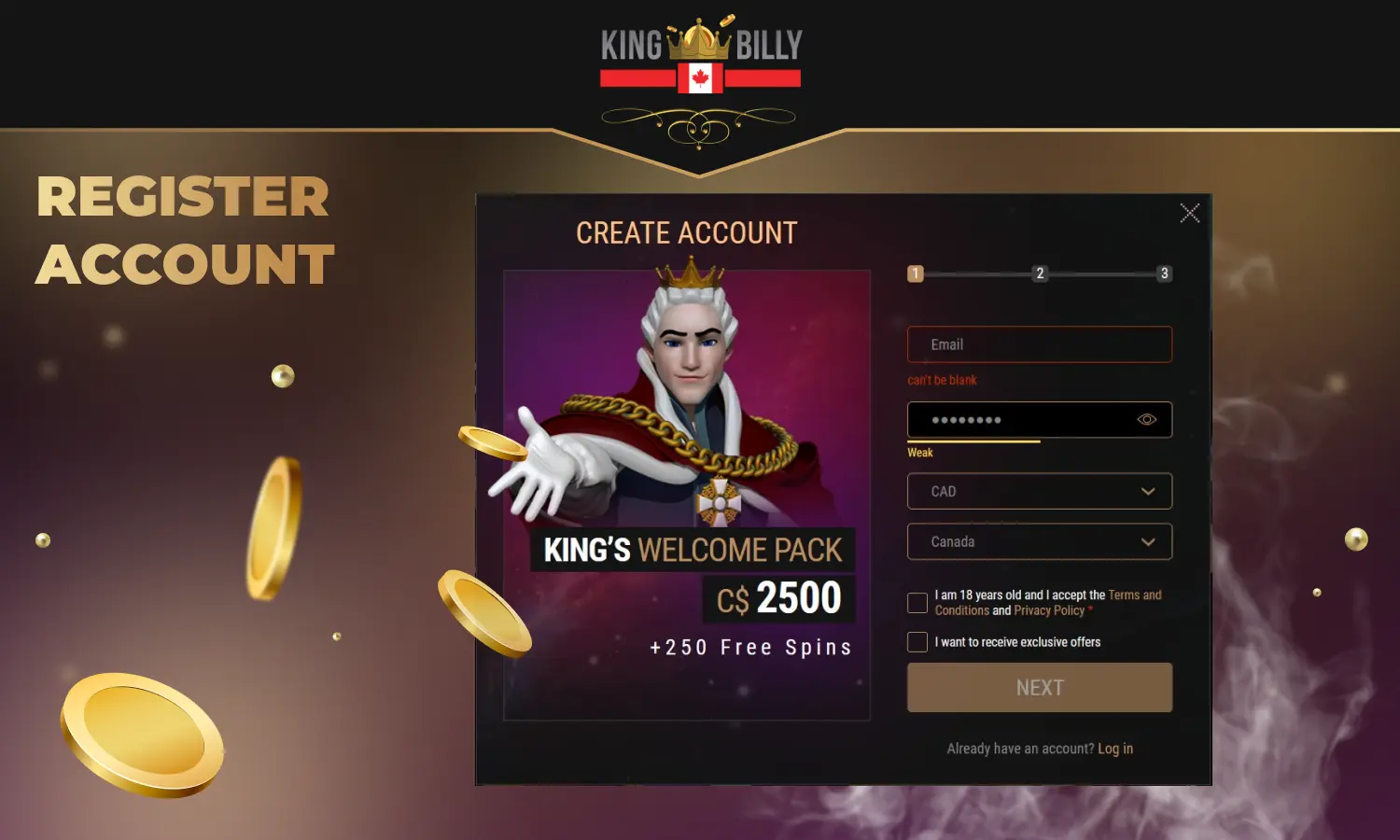 Instructions for creating an account at King Billy Casino Canada